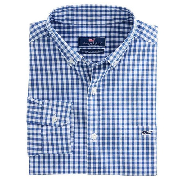 Vineyard Vines by Shep & Ian Slim Whale Shirt Maritime Blue & White Gingham - Picture 1 of 6